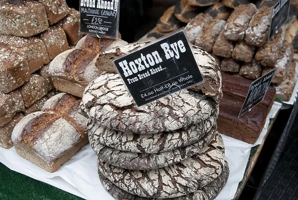 Artisan rye bread for sale at city market, Borough Market, Southwark, London, England, April
