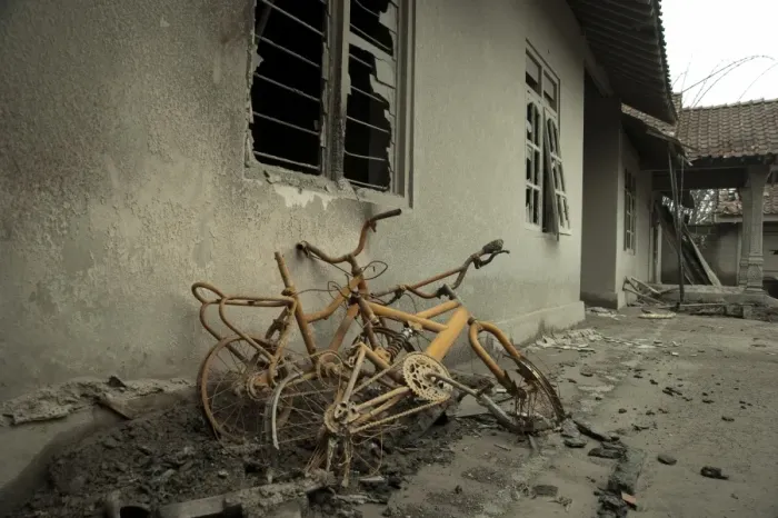 Framed Print : Ash, bikes and broken house windows, damaged from recent volcanic eruption, Kepuharjo, Mount Merapi, Central Java Framed Print : Ash, bikes and broken house windows, damaged from recent volcanic eruption, Kepuharjo, Mount Merapi, Central Java