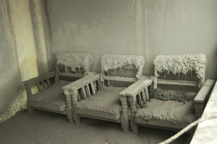 Framed Print : Ash covered chairs in house damaged from recent volcanic eruption, Kepuharjo, Mount Merapi, Central Java, Indonesia Framed Print : Ash covered chairs in house damaged from recent volcanic eruption, Kepuharjo, Mount Merapi, Central Java, Indonesia