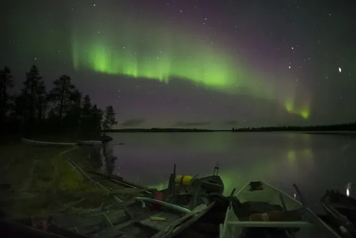 Framed Print : Aurora Borealis and stars over lake with beached canoes at night, Muonio, Lapland, Finland, September Framed Print : Aurora Borealis and stars over lake with beached canoes at night, Muonio, Lapland, Finland, September