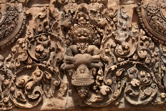 Framed Print : Bas-relief in Khmer Hindu temple depicting Vishnu ripping chest of King Hiranyakasipu, Banteay Srei, Angkor, Siem Riep Framed Print : Bas-relief in Khmer Hindu temple depicting Vishnu ripping chest of King Hiranyakasipu, Banteay Srei, Angkor, Siem Riep