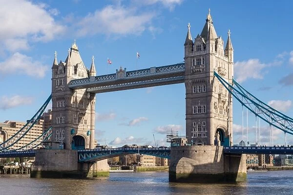 Bascule bridge on river in city, Tower Bridge, River Thames, London, England, January