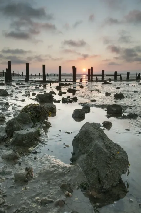 Framed Print : Beach and breakwaters at low tide, at sunset, South Swale Nature Reserve, Kent, England, July Framed Print : Beach and breakwaters at low tide, at sunset, South Swale Nature Reserve, Kent, England, July