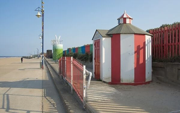 Beach huts at seaside town, part of series of commissioned beach huts in council Bathing Beauties scheme, Mablethorpe