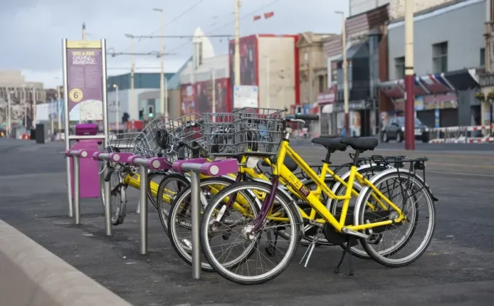Framed Print : Bicycles for hire in seaside resort town, Blackpool, Lancashire, England, january