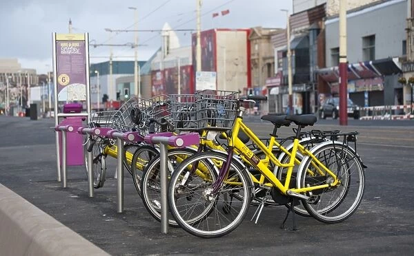 Bicycles for hire in seaside resort town, Blackpool, Lancashire, England, january