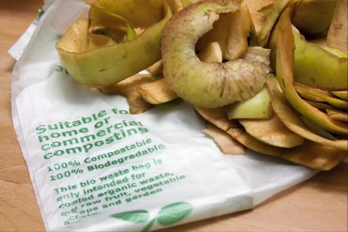 Framed Print : Biodegradable bag with fruit peelings for compost heap, England