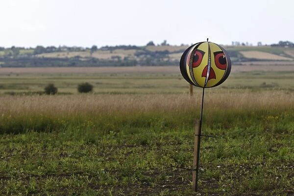 Birdscarer, rotating ball with reflective panels and raptors face attached to post, Elmley Marshes N. N. R