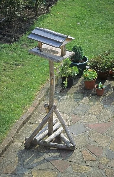 Birdtable on patio in garden, England