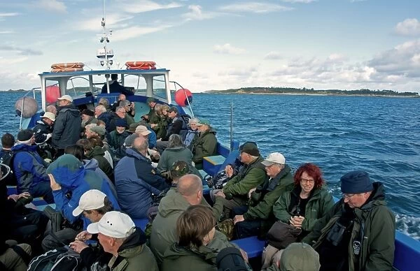 Birdwatchers on boat, with Tresco in distance, Isles of Scilly, England, October