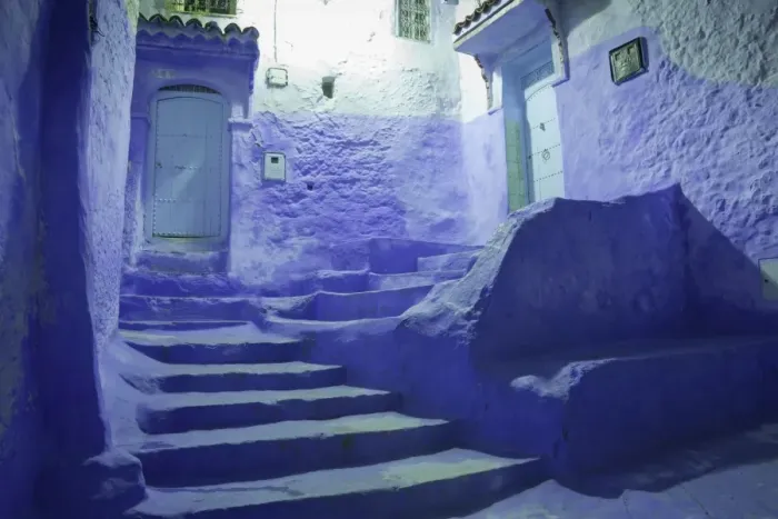 Framed Print : Blue doors and stairway in alley of city at night, Chefchaouen, Morocco, april Framed Print : Blue doors and stairway in alley of city at night, Chefchaouen, Morocco, april