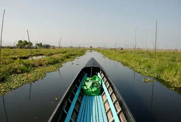 Framed Print : Boat in channel between floating vegetable gardens, Inle Lake, Shan State, Myanmar, January