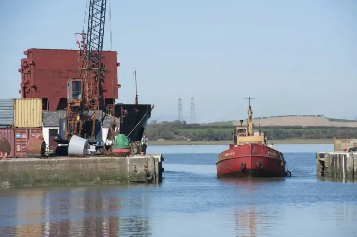 Framed Print : Boat entering dock, Glasson Dock, River Lune, Lancaster, Lancashire, England, march