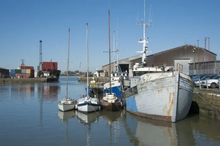 Framed Print : Boats in dock, Glasson Dock, River Lune, Lancaster, Lancashire, England, march Framed Print : Boats in dock, Glasson Dock, River Lune, Lancaster, Lancashire, England, march