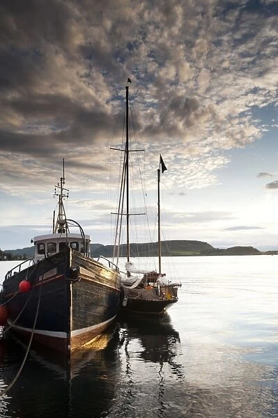Boats in harbour at sunset, Oban, Firth of Lorn, Argyll and Bute, Scotland, August