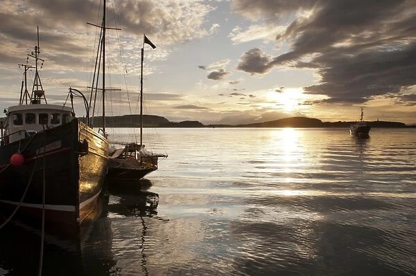 Boats in harbour at sunset, Oban, Firth of Lorn, Argyll and Bute, Scotland, August