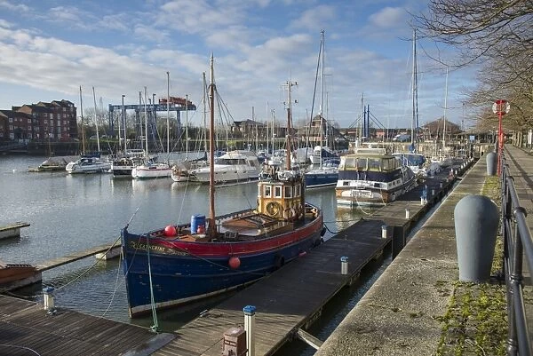 Boats moored at marina, River Ribble, Preston Dock, Preston, Lancashire England, February