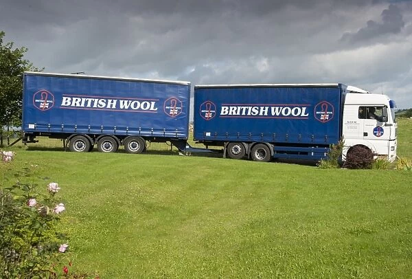 Britsh Wool lorry arriving to take delivery of wool bales, Jervaulx, Masham, Ripon, North Yorkshire, England, August