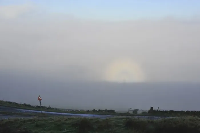 Framed Print : Brocken spectre seen from hilltop, appears when sun shines from behind person who is looking down from ridge or peak into mist or fog, Jeffrey Hill, Longridge, Lancashire, England, january Framed Print : Brocken spectre seen from hilltop, appears when sun shines from behind person who is looking down from ridge or peak into mist or fog, Jeffrey Hill, Longridge, Lancashire, England, january
