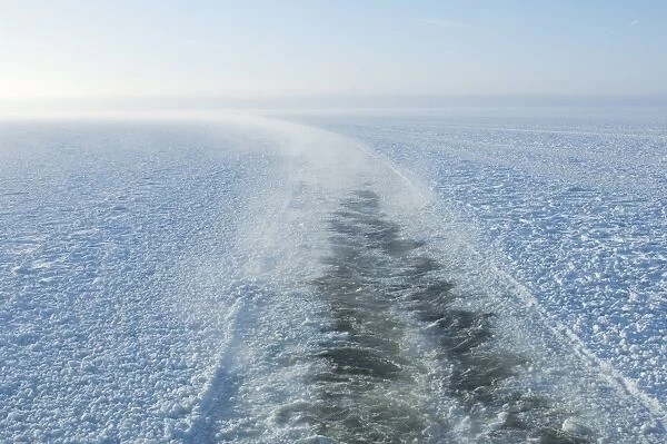 Broken ice channel from ferry on frozen sea, near Helsinki, Uusimaa, Gulf of Finland, Baltic Sea, Finland, winter