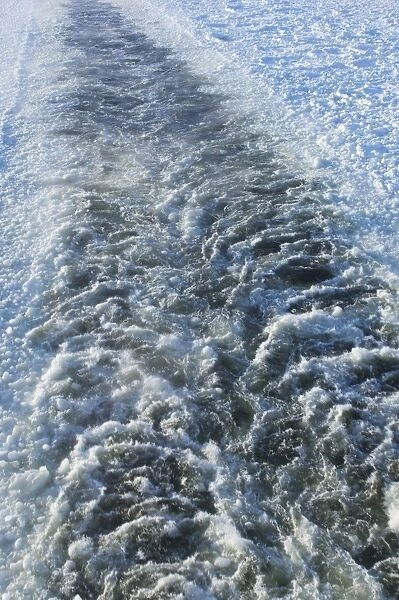 Broken ice channel from ferry on frozen sea, near Helsinki, Uusimaa, Gulf of Finland, Baltic Sea, Finland, winter