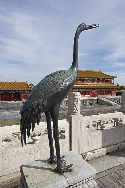 Bronze crane statue, symbol of longevity, located in imperial palace, in front of Hall of Supreme Harmony