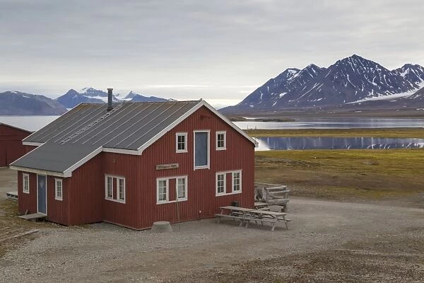 Building in coastal town, Ny-Alesund, Oscar II Land, Spitsbergen, Svalbard, August