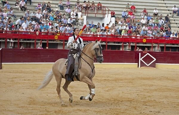 Bullfighting, Banderillero with banderillas, on horseback in bullring, Corrida de rejones, Medina del Campo