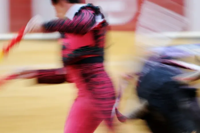 Framed Print : Bullfighting, Banderillero escaping from bull in bullring, blurred movement, Tercio de banderillas stage of bullfight Framed Print : Bullfighting, Banderillero escaping from bull in bullring, blurred movement, Tercio de banderillas stage of bullfight