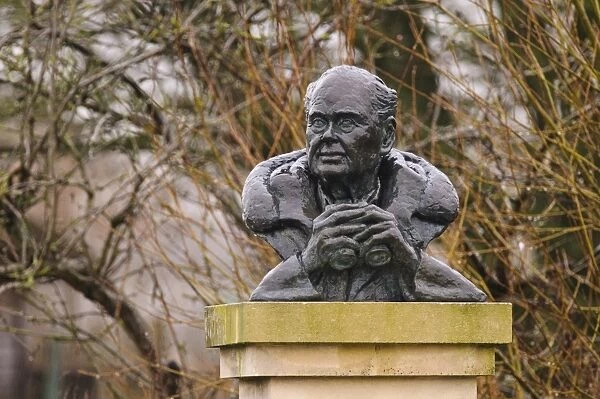 Bust of Sir Peter Scott wet from rain, naturalist and founder of Wildfowl and Wetlands Trust, Slimbridge