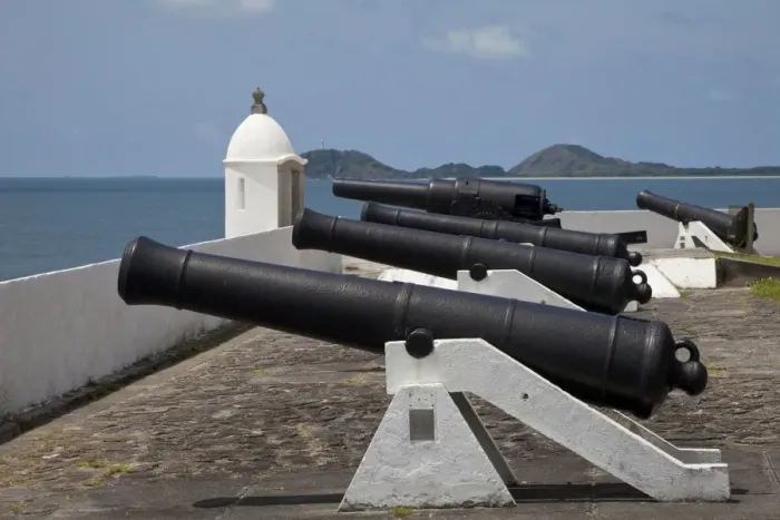 Framed Print : Cannons on historic coastal fortress, Ilha do Mel, Parana, Brazil
