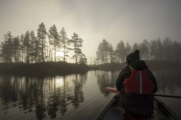Canoeing on freshwater loch in mist, with Scots Pine (Pinus sylvestris) forest in background, Loch Beinn a Mheadhoin