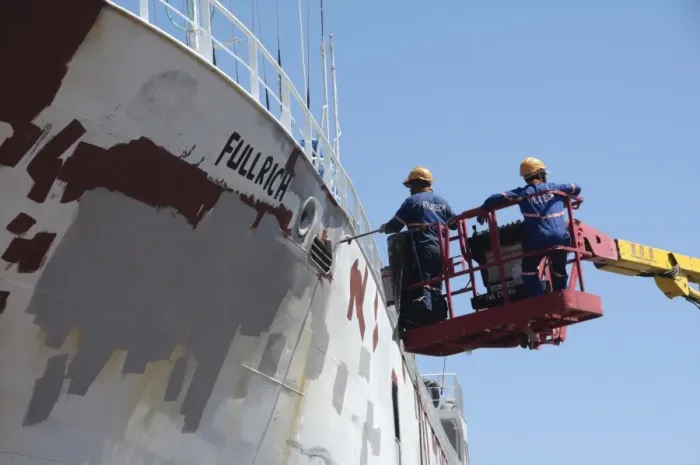 Framed Print : Cargo ship being repainted in dry dock, Cape Town, Western Cape, South Africa Framed Print : Cargo ship being repainted in dry dock, Cape Town, Western Cape, South Africa