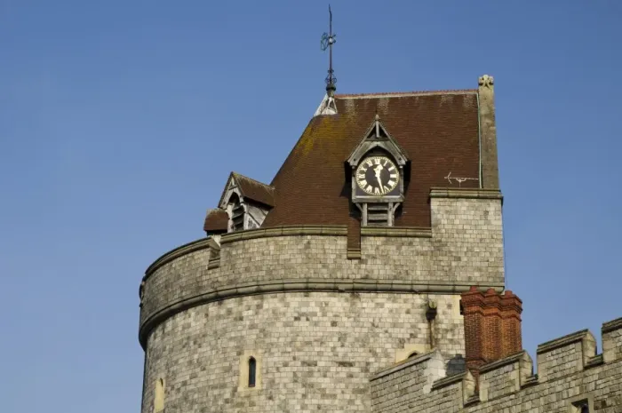 Framed Print : Castle tower with clock, Curfew Tower, Lower Ward, Windsor Castle, Windsor, Berkshire, England, October