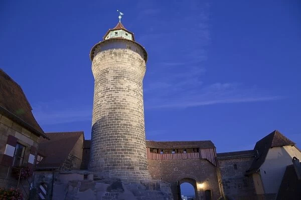 Castle tower illuminated at night, Nuremberg Castle, Nuremberg, Bavaria, Germany, september