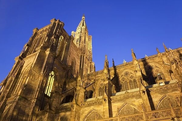Cathedral illuminated at night, Strasbourg Cathedral, Strasbourg, Alsace, France, july