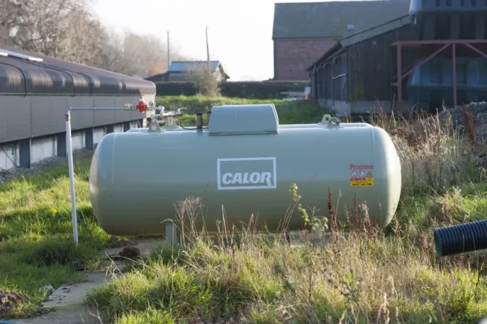 Framed Print : Chicken farming, Calor propane gas tank outside poultry unit, Lancashire, England, November