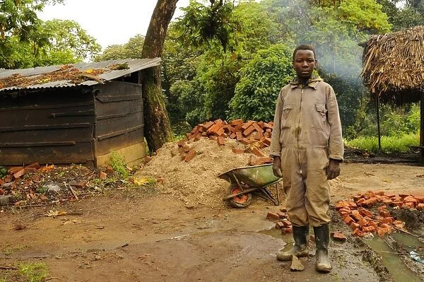 Child building houses in village on park border, Kahuzi-Biega N. P. Kivu Region, Democratic Republic of Congo, november