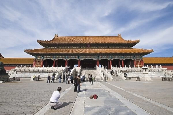 Chinese tourists visiting imperial palace, Hall of Supreme Harmony, Forbidden City, Beijing, China, september
