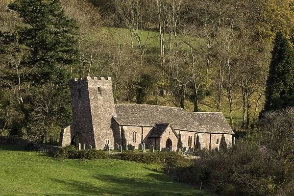Church with leaning tower caused by subsidence, Church of St. Martin, Cwmyoy, Llantony Valley, Brecon Beacons N. P