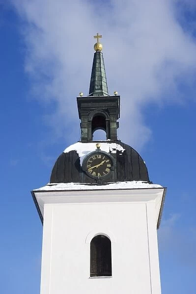 Church tower with snow, Vastervala Church, Vastmanland, Sweden, february