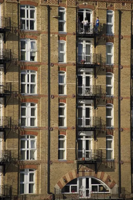 Framed Print : City apartment building facade with balconies, London, England, april