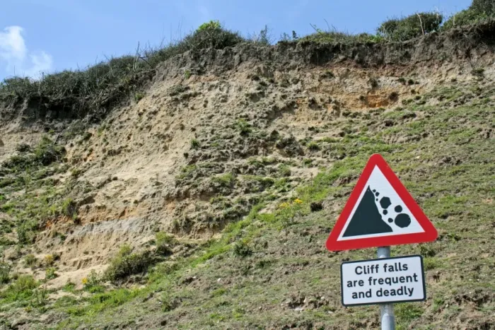 Framed Print : Cliff falls are frequent and deadly sign beside coastal cliff erosion, Dunwich, Suffolk, England, july Framed Print : Cliff falls are frequent and deadly sign beside coastal cliff erosion, Dunwich, Suffolk, England, july