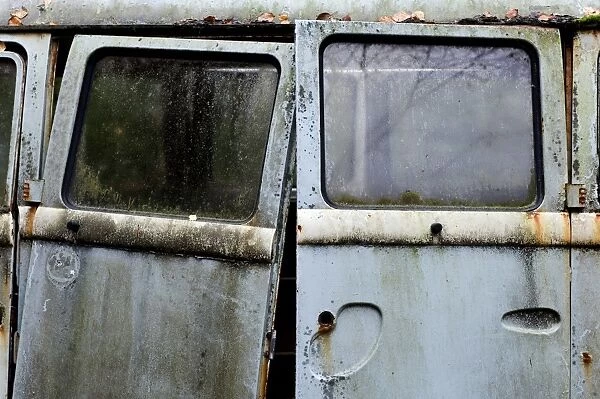 Close-up of doors on scrap Volkswagen camper van, Sweden, october