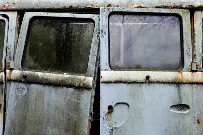 Framed Print : Close-up of doors on scrap Volkswagen camper van, Sweden, october Framed Print : Close-up of doors on scrap Volkswagen camper van, Sweden, october