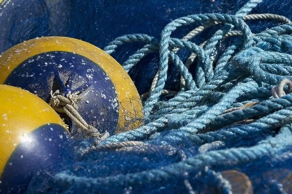 Close-up of fishing equipment, float, nets and ropes, Baltic Sea, Sweden, may