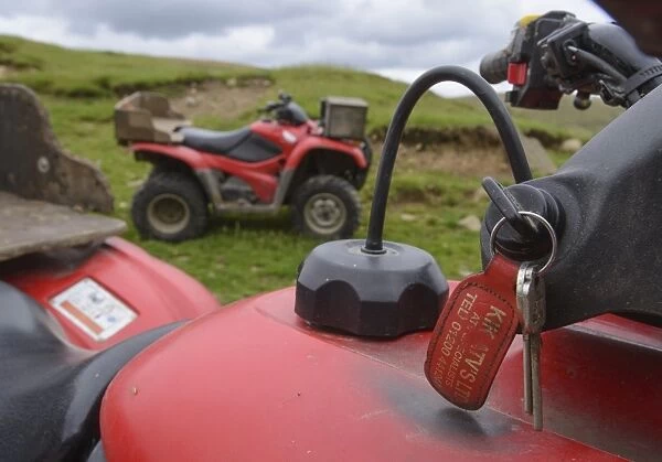 Close-up of keys in Honda quadbike on farm, Chipping, Lancashire, England, August