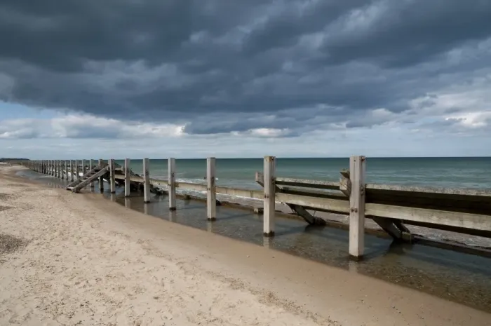 Framed Print : Coastal defence groynes on beach, Happisburgh, Norfolk, England, august Framed Print : Coastal defence groynes on beach, Happisburgh, Norfolk, England, august