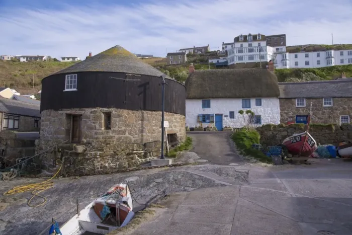Framed Print : Coastal village with The Roundhouse (old capstan house), Sennen Cove, Sennen, Cornwall, England, May Framed Print : Coastal village with The Roundhouse (old capstan house), Sennen Cove, Sennen, Cornwall, England, May
