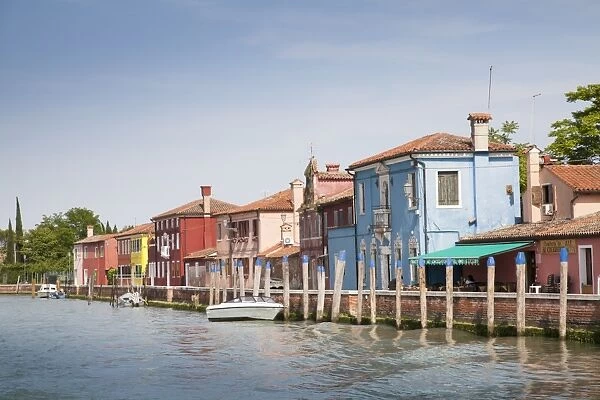 Colourful houses along waterfront, Mazzorbo Island, Venetian Lagoon, Venice, Veneto, Italy, May